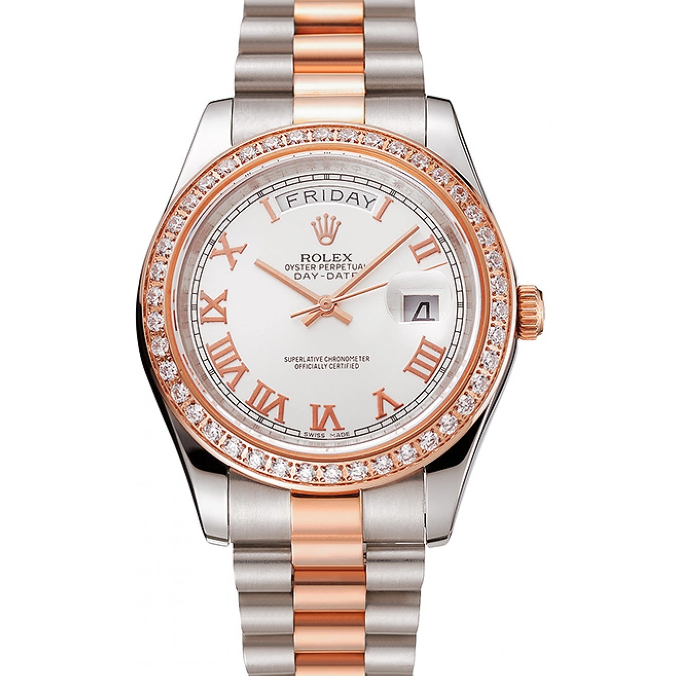 Good copy rolex watches 1454108 Steel Gold Rose Bezel Bracelet Swiss Diamonds Day-Date Staineless Rolex And Dial White 0524